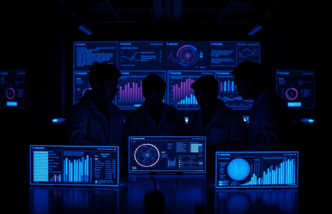 SleepPulse researchers reviewing sleep-stage dashboards in a dark lab