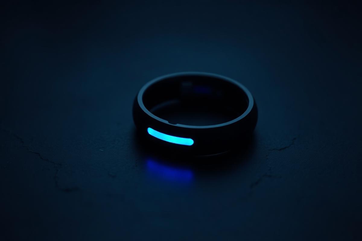 Smart sleep tracking ring resting on a dark surface