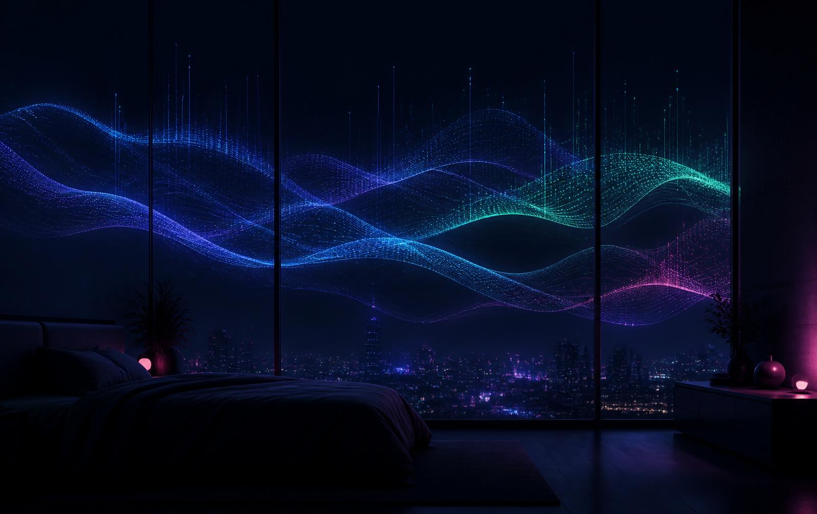 Night sky over a quiet city, lit by soft aurora light